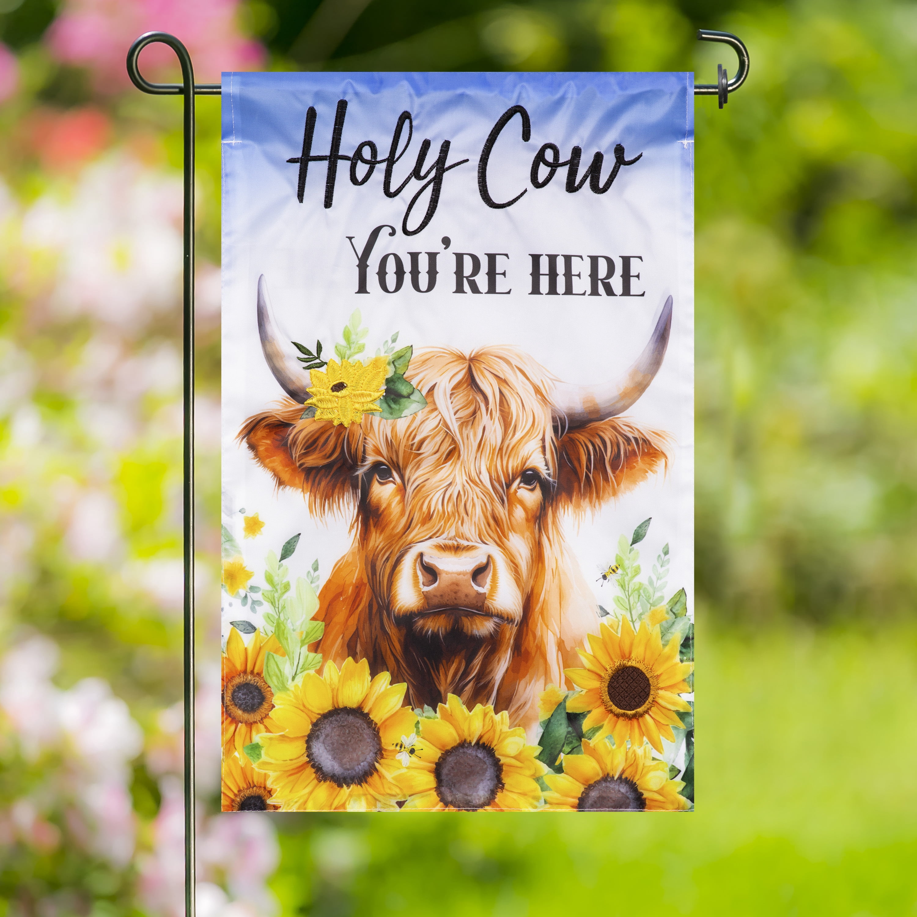 (2 pack) Meadow Creek 11.5" x 18" Holy Cow You're Here Highland Cow Outdoor Yard Flag