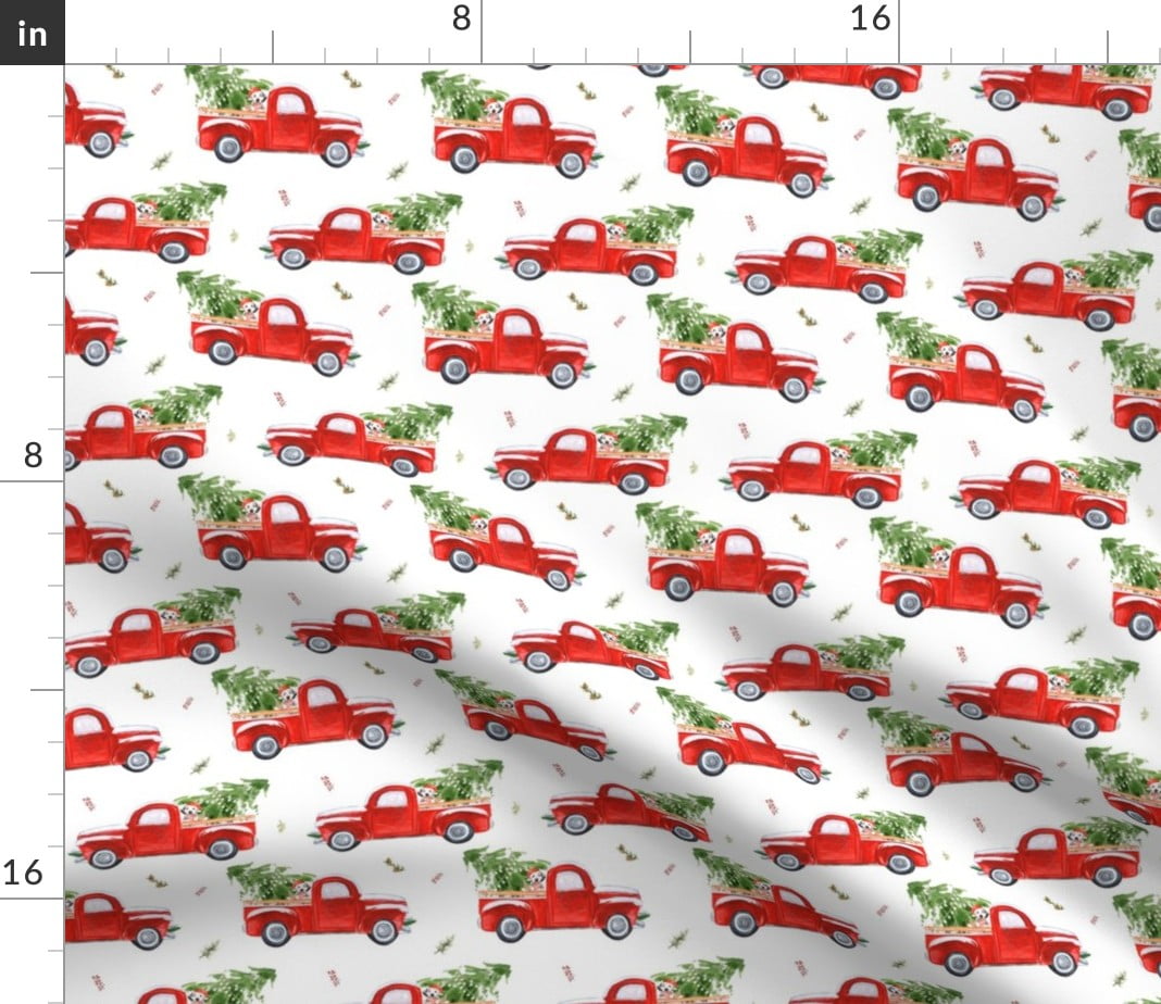 retro vintage red truck trees country holiday decor peppermint candy cane cotton by the yard Christmas trucks fabric red on red trees