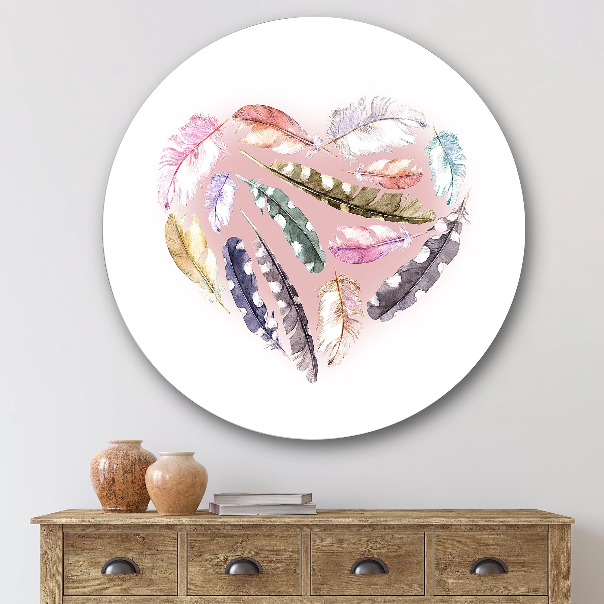 Designart 'Ethnic Feather In Heart Shape' Bohemian & Eclectic Circle Metal Wall Art 36x36 - Disc of 36