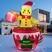 7.2ft Inflatable Hot Cocoa Mug with Gingerbread Man & LED Lights, Christmas Blow Up Outdoor Yard Decoration for Lawn Garden Holiday Party
