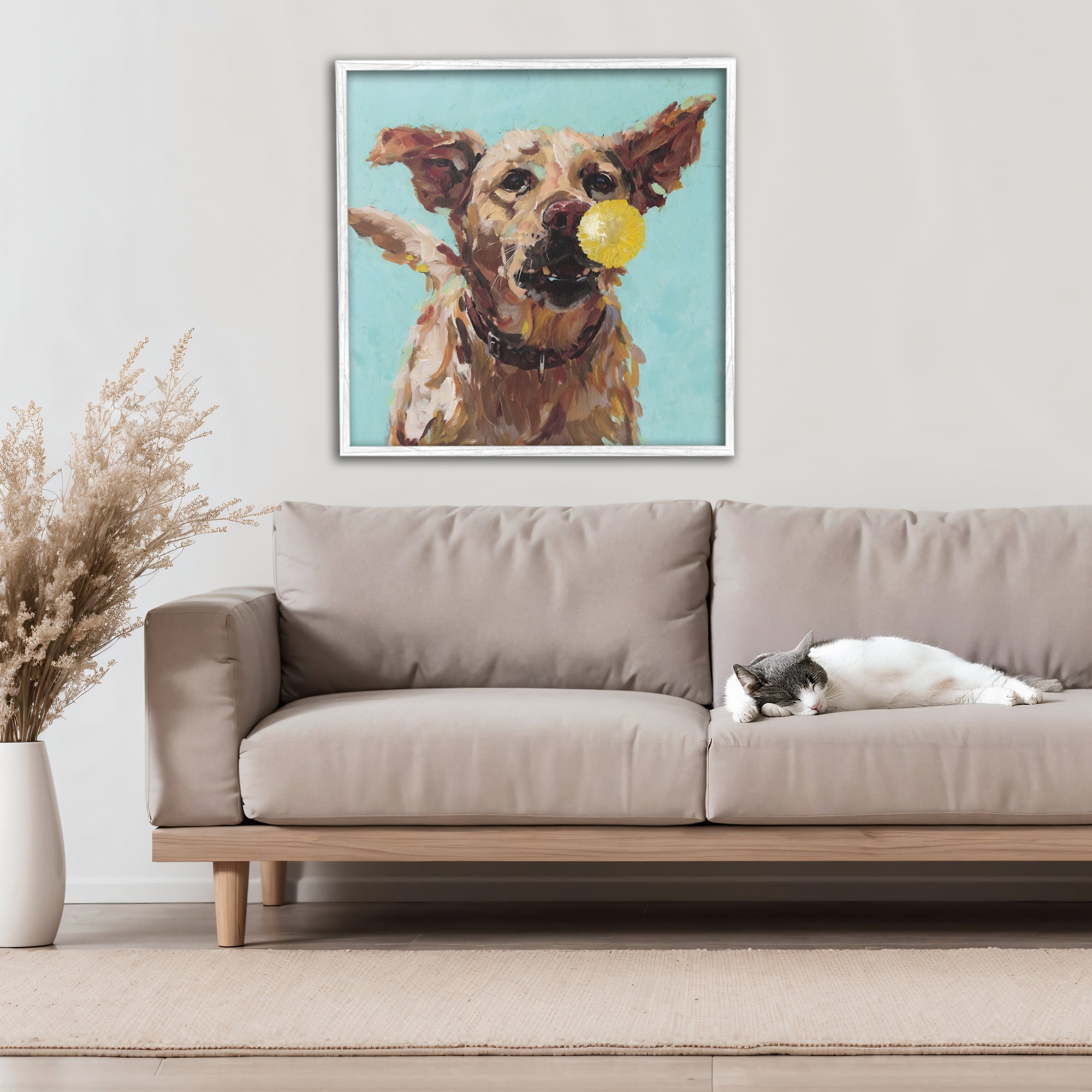 Dog Playing with Ball White Framed Giclee Art, design by Studio Bautista