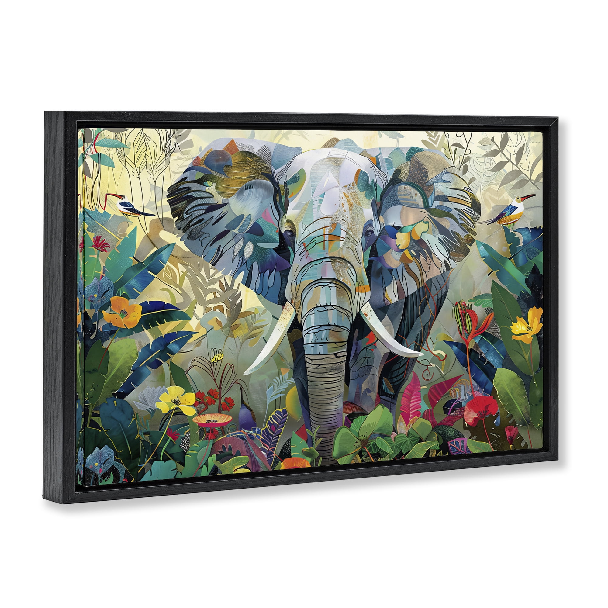 Stupell Industries Elephant's Realm in Tropical Bloom Black Framed Floater Canvas Wall Art, design by Lazar Studio