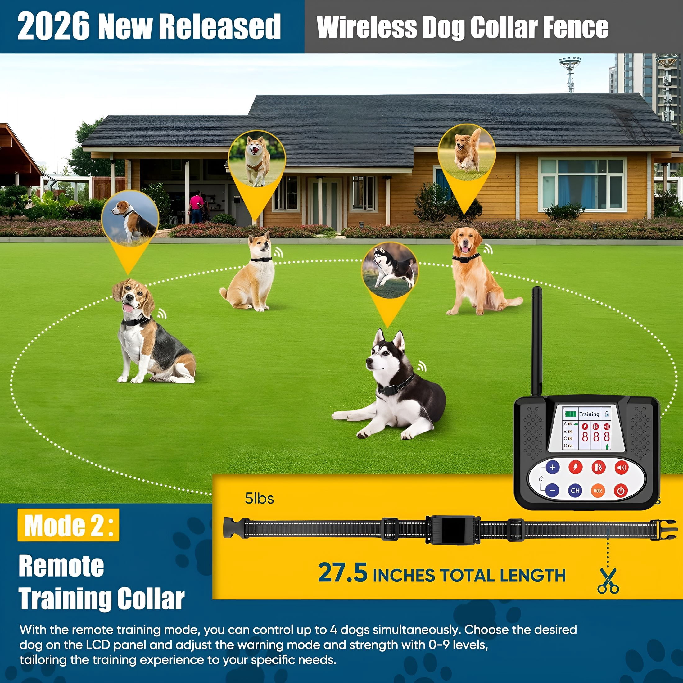 GJX Wireless Dog Fence, Electric Fence System with Big LCD Color Screen, Portable Wireless Pet Fence with Remote Training Collar, Dog Perimeter Collar, Adjustable for Small Medium Big Dogs