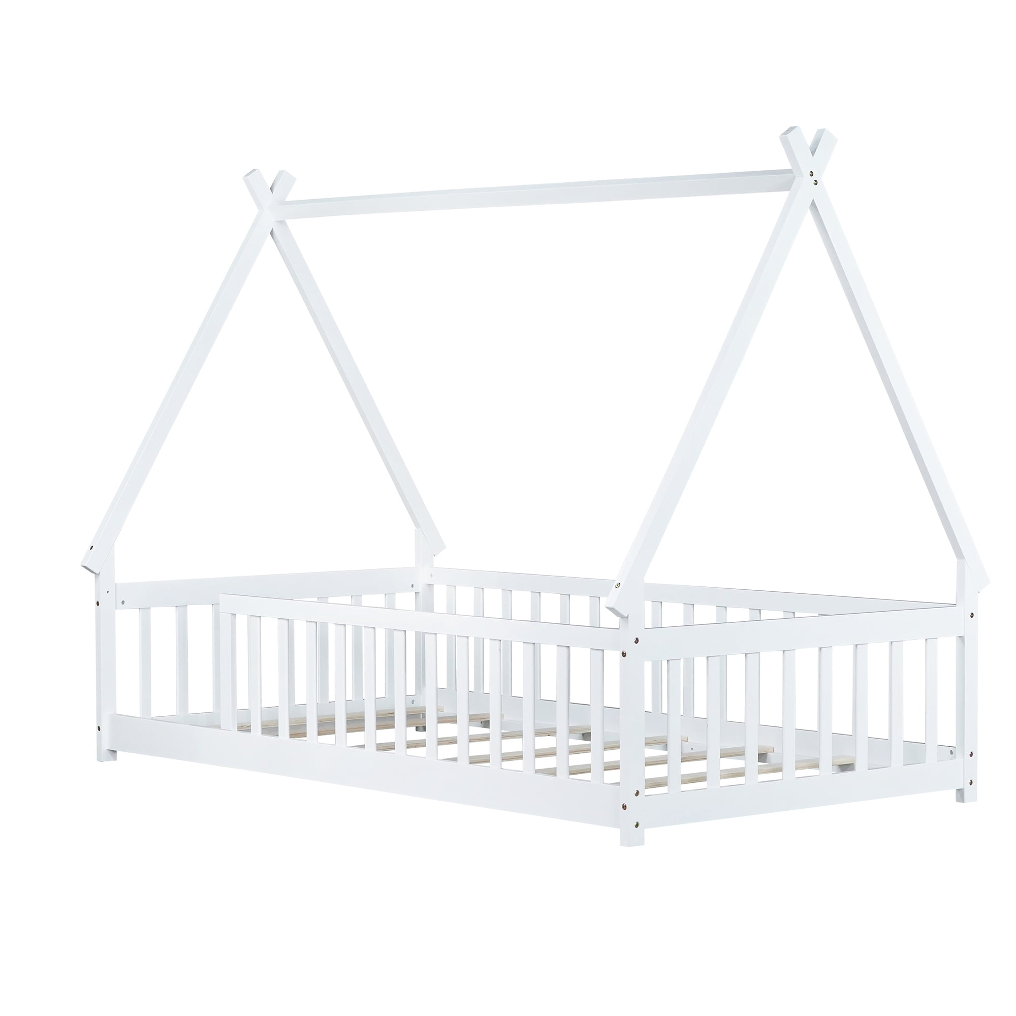Miniyam Twin Size Floor Bed for Kids with Tent House Frame, Montessori Low Bed with Guardrails, White