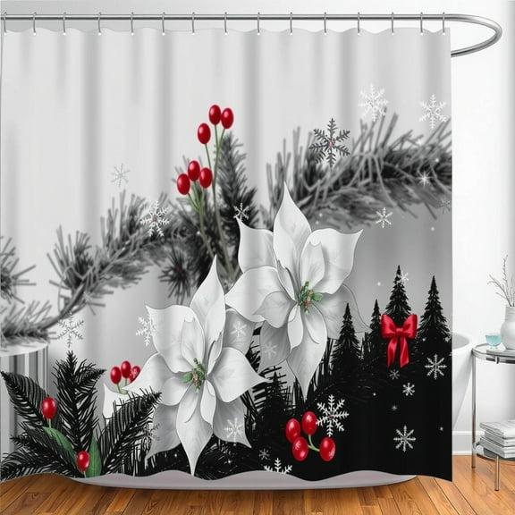 Elegant Gray & White Christmas Shower Curtain with Poinsettias & Bows
