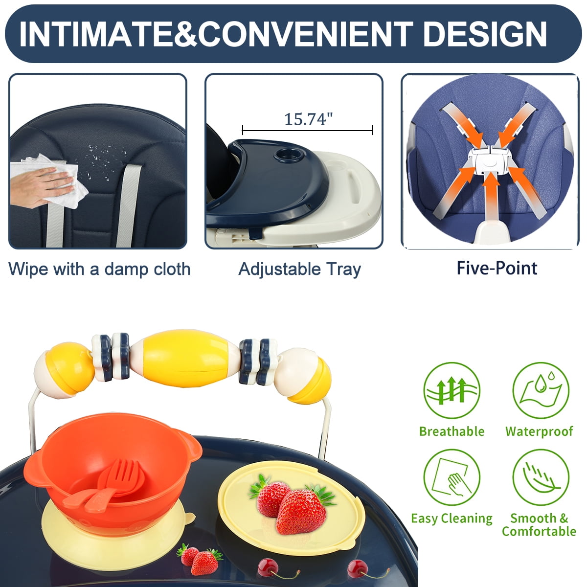 HAOUUCYIN 4-in-1 Baby High Chair, Portable Dining Chairs Eat & Play with Double-Layer Dinner Plate and Toy Rack, for 0-36 Months, Blue