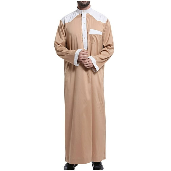 IYTR Men's Muslim Jubba Thobe Long Sleeve Arab Kaftan Islam Clothing Saudi Dubai Abaya Prayer Robes Caftan Ramadan Eid Mubarak Thobe Khaki XXL