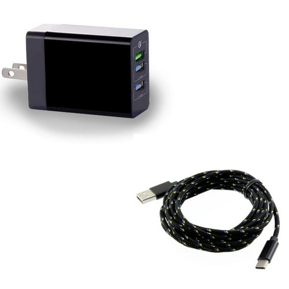 6.8Amp 34W Home Charger w Power Cord Type-C 10ft USB Cable D3K for Alcatel 3V (2019) - ASUS ROG Phone 2 - BLU G9 Pro - BOLD N1 - Coolpad Legacy S - Google Pixel 4 XL - LG G8X ThinQ