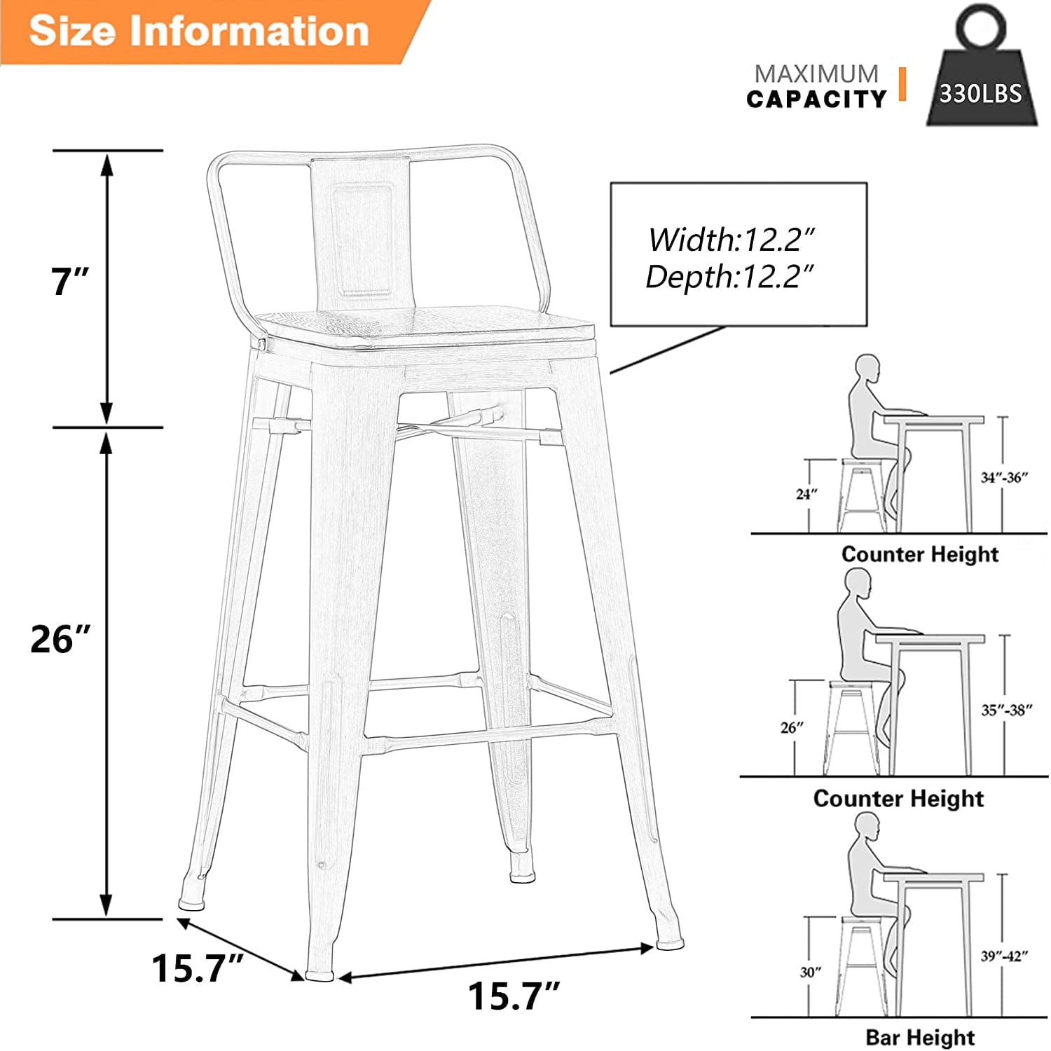 Andeworld 26" Metal Bar Stools Set of 4 Counter Height Stools with Wood Top Low Back Gunmetal