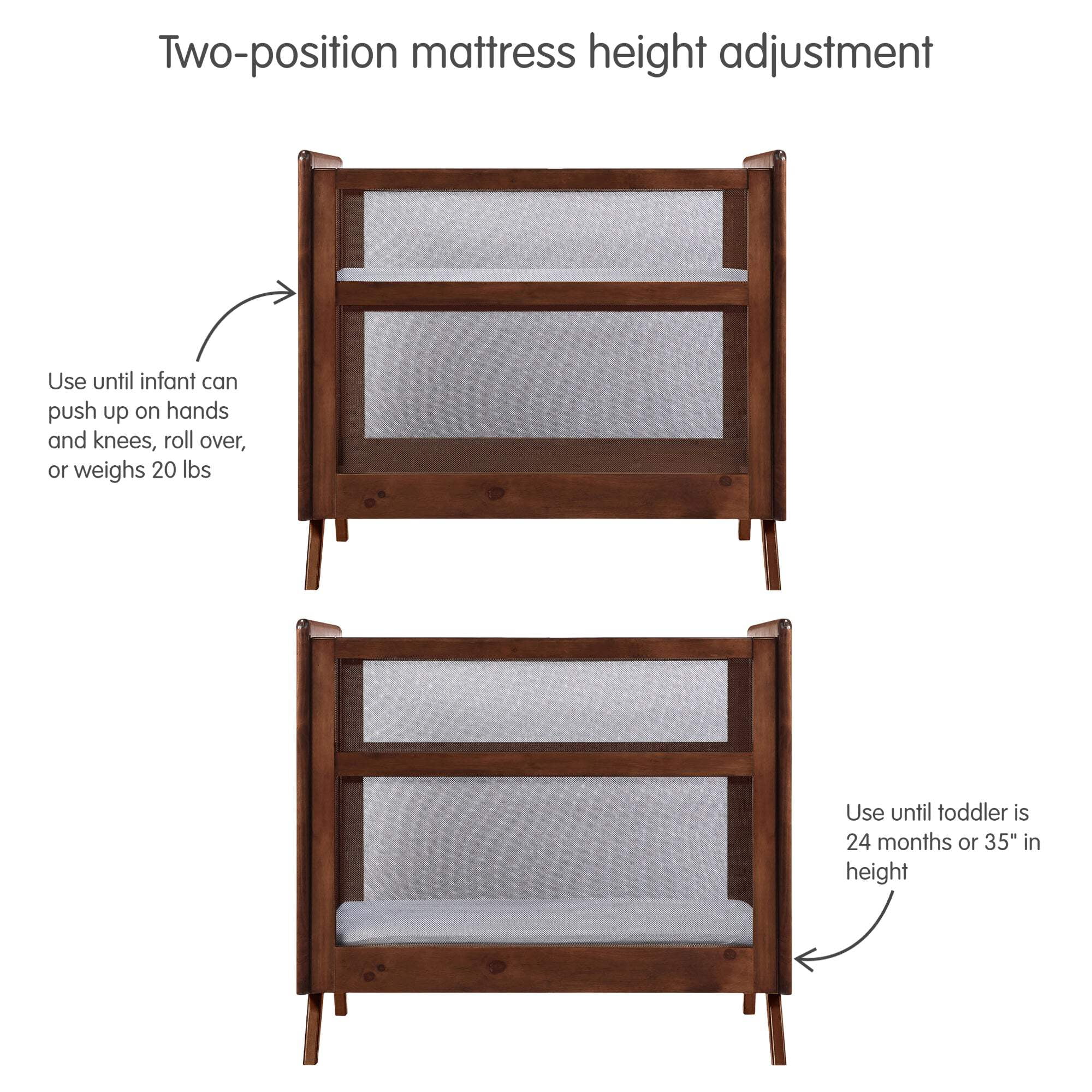 BreathableBaby 2-in-1 Breathable Mesh Mini Crib with Mattress, Walnut, Greenguard Gold Certified
