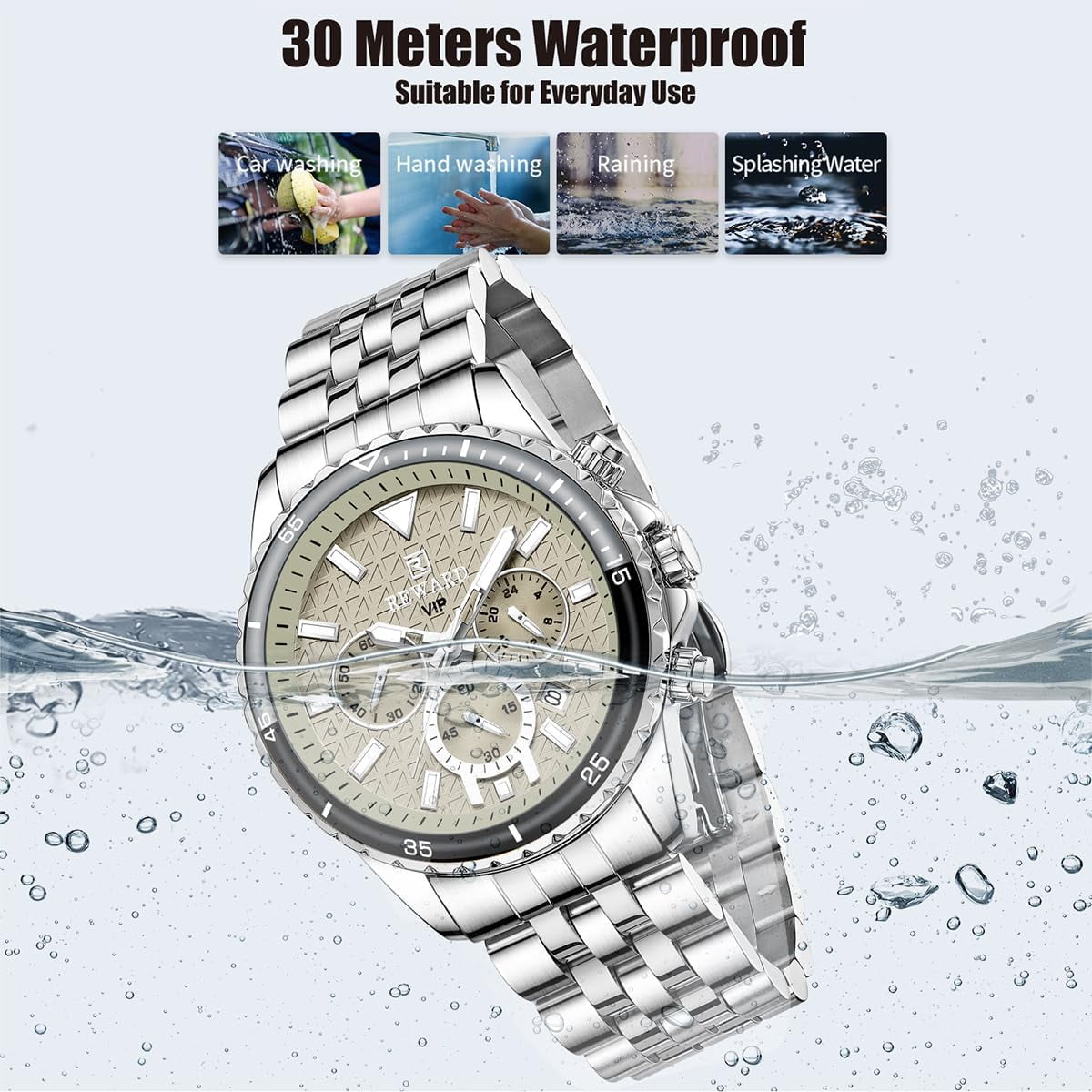 Mens Watches Analog Quartz Chronograph Stainless Steel Watches for Men 30M Waterproof Men's Wrist Watches with Calendar Luxury Business Work Casual Watch Elegant Gifts