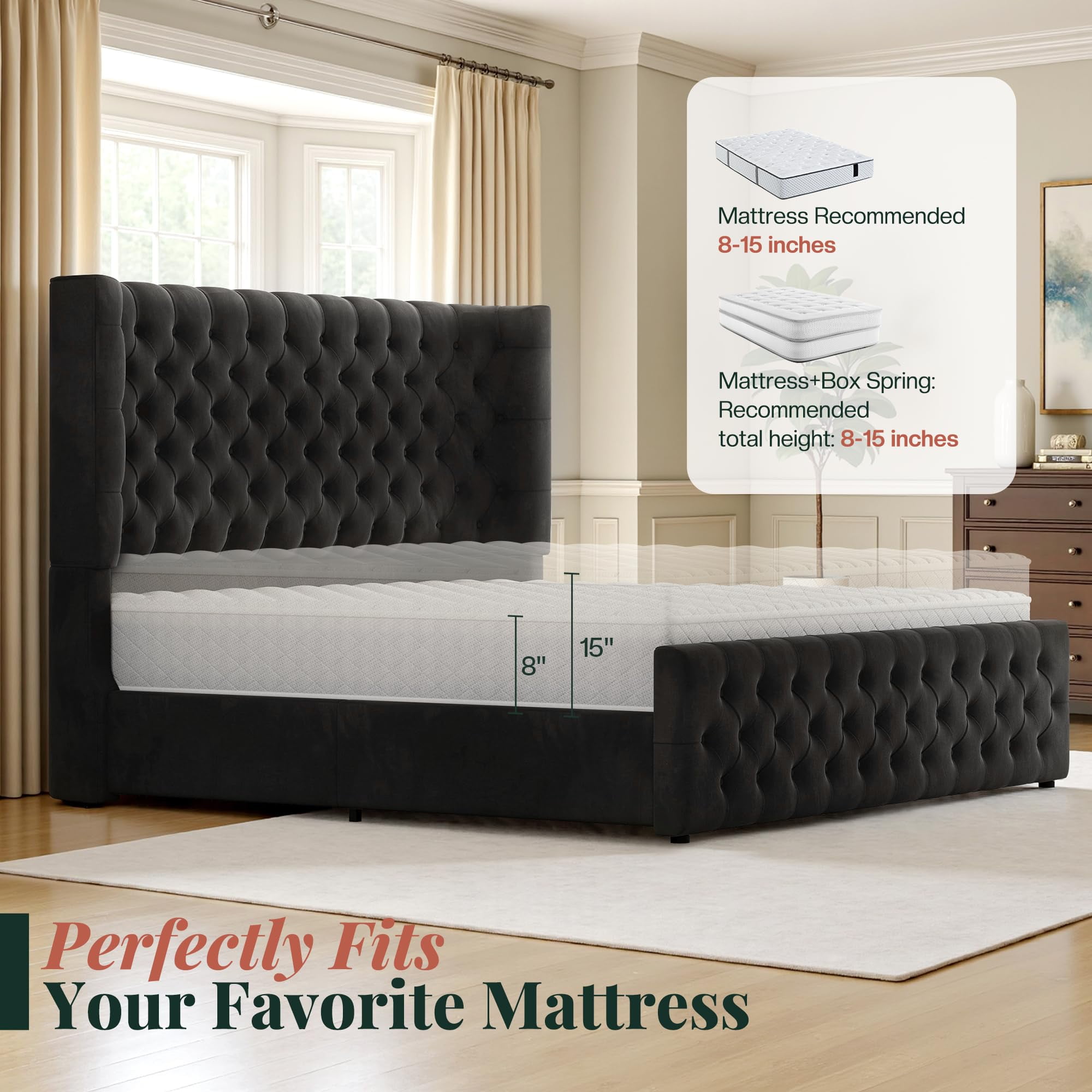 Amerlife Queen Bed Frame with 49” Upholstered Wingback Headboard, Noise-Free Platform Bed with Steel Frame and Slip-Resistant Edges, Black