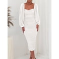 thumbnail image 4 of Mialoley Women's Slim Midi Dress Solid Color Long Sleeve Square Neck Slit Ruched Dress Party Gown, 4 of 9