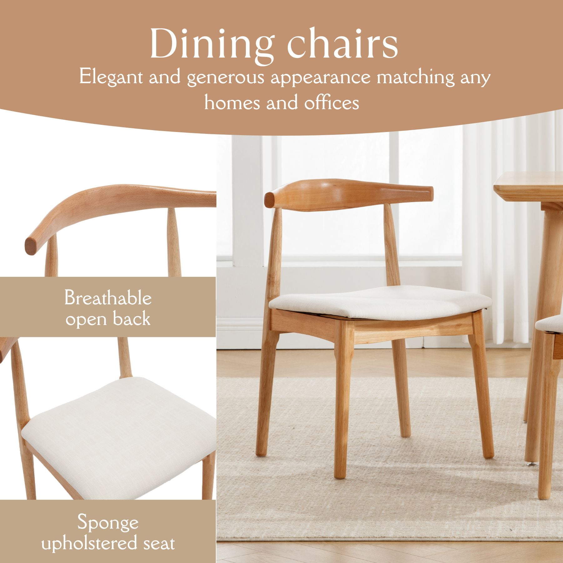 Dayalane Mid Century Modern Dining Chairs Set of 2,Linen Upholstered Farmhouse Chairs with Open Back,Side Dining Chairs with Natural Wood Legs for Dining Room, Kitchen, Restaurant,Beige