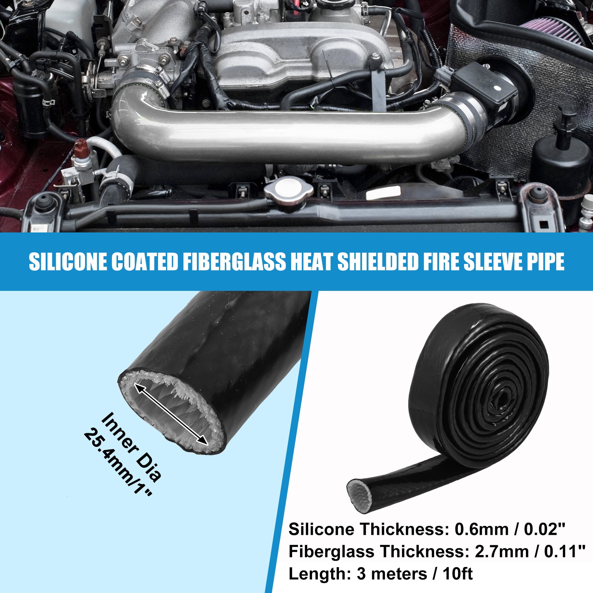 1" ID x 10FT Heat Shielded Fire Sleeve Silicone Coated Fiberglass Tape for Automotive Hose Lines Wires Electrical Wiring