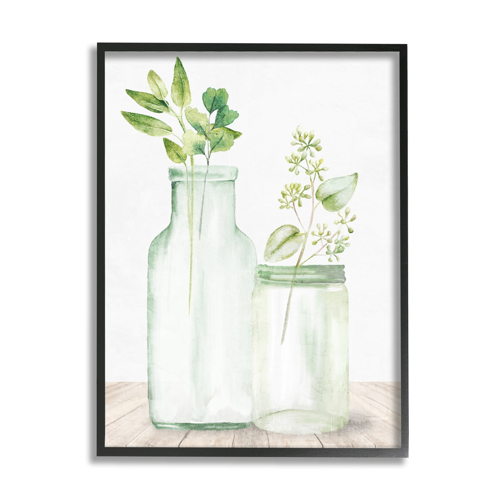 Stupell Industries Herbal Plant Sprigs Country Glass Jars Rustic Painting Graphic Art Gray Framed Art Print Wall Art, Design by Kim Allen