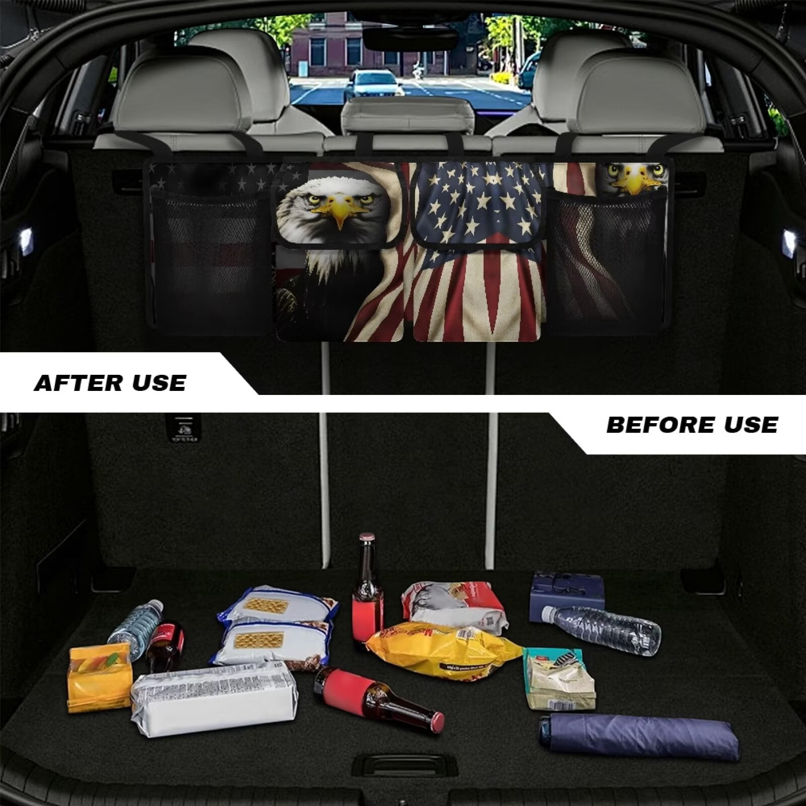 KUIFORTI Bald Eagle Car Trunk Organizer for SUV Trunk Organizers and Storage Keep the Car Clean and Tidy, USA Flag Car Accessories Space-Saving Backseat Car Organizer with Adjustable Straps