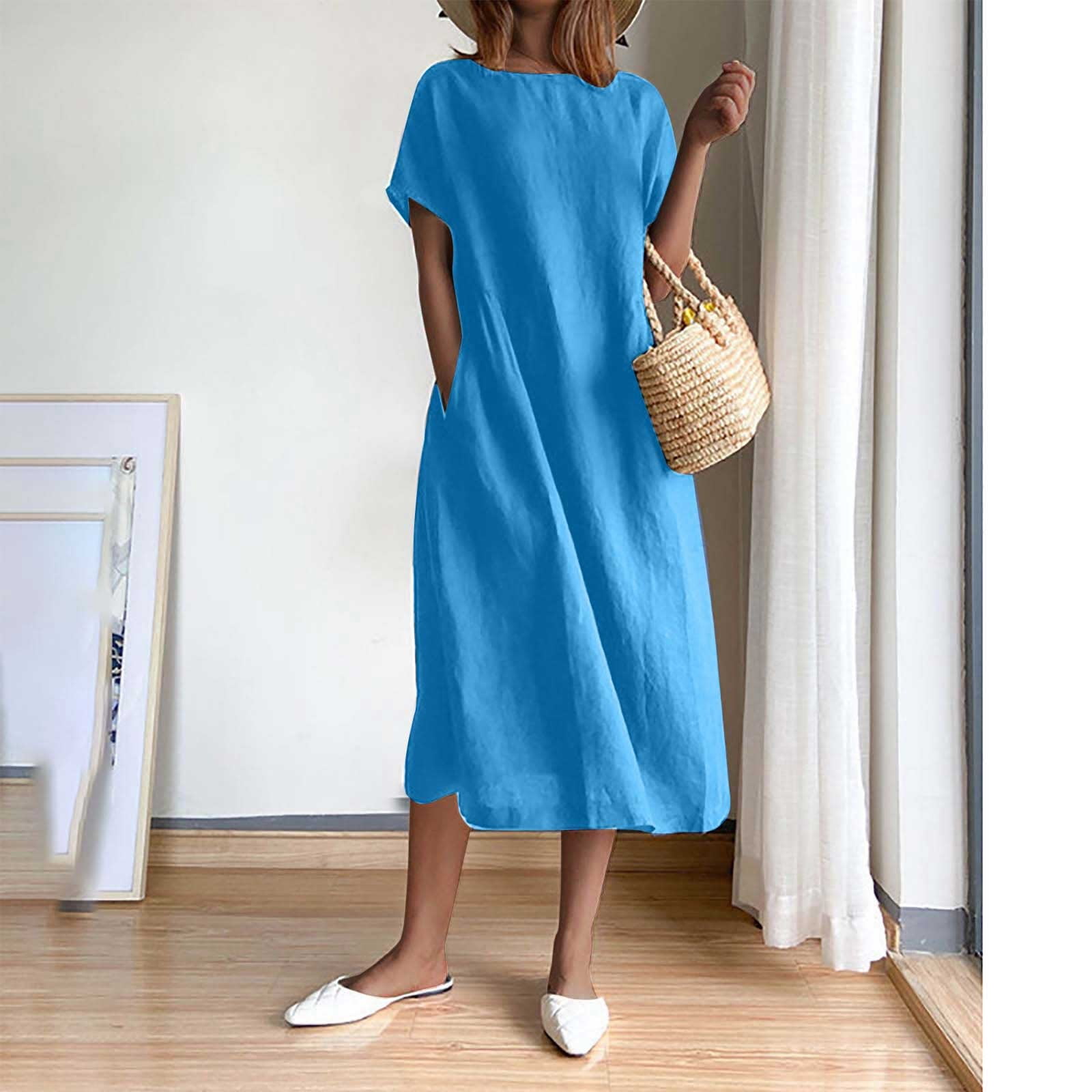 Fnochy Summer Dresses for Women One Piece Solid Color Summer Fashion Round  Neck Short Sleeve Cotton Linen Dress - Walmart.com
