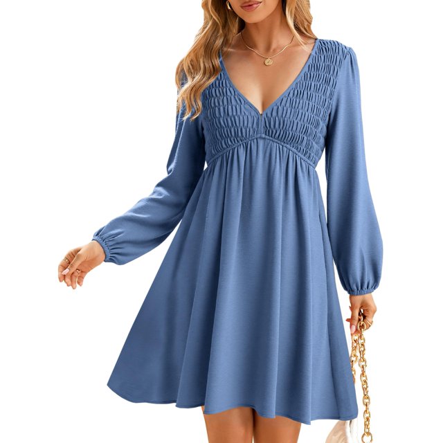 Vestido BerryGo Babydoll con estampado fruncido, manga larga, azul M