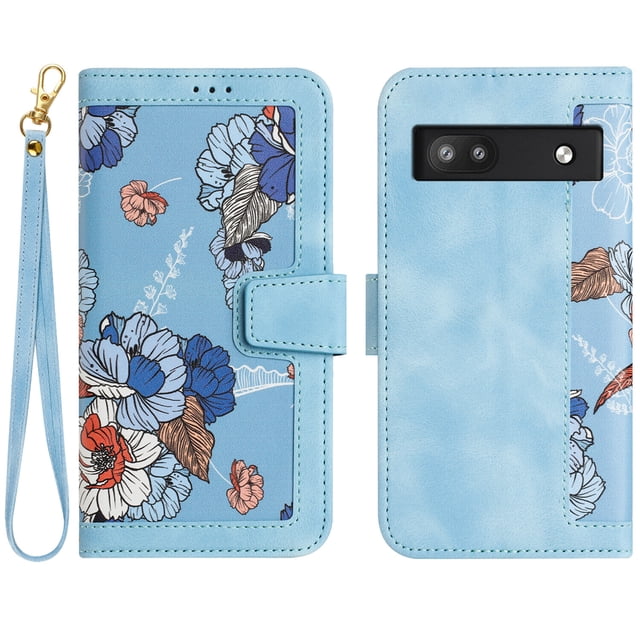 Compatible with Google Pixel 6A Vintage Flower Wallet Case Magnetic Closure Cover with Card Slots