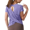 thumbnail image 2 of Karymi Womens Workout Tops Short Sleeve Solid Cross‑Back Cutout Workout T‑Shirt,Crew Neck Asymmetrical‑Hem Athletic Top, Casual Yoga and Daily Blouse Womens T Shirts, 2 of 8