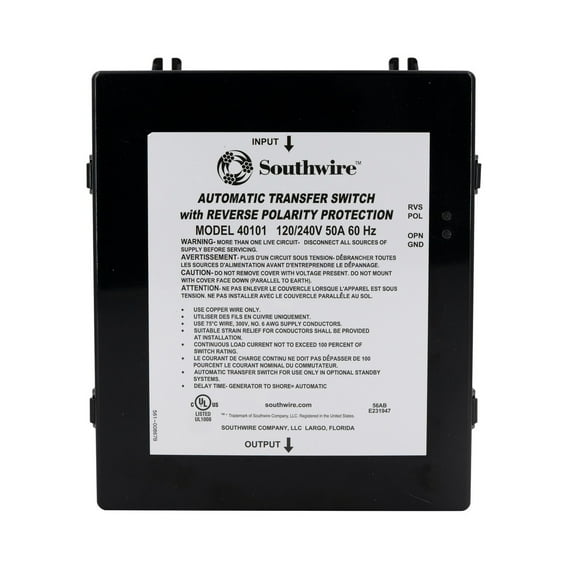 SouthWire Corp. Power Transfer Switch 40101-001 Transfer Power Between Shore And RV Generator; Automatic; 120/240 Volt; 50 Amps; Protects Against Reverse Polarity And Open Ground Protection