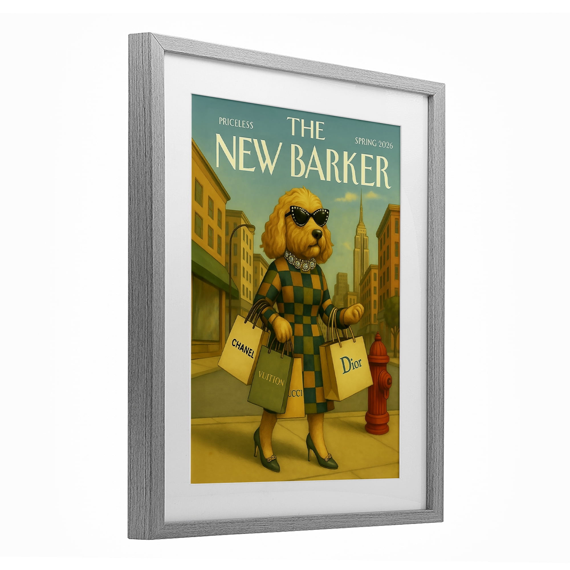 Stupell Industries New Barker Dog Magazine Gray Framed Print Under Glass, design by Grotto Studios