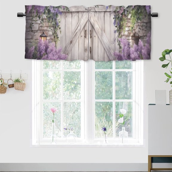 Barn Door Thermal Insulated Window Curtain Valance Lavender with Leaves on Rustic Wooden Door Farmhouse Window Valance for Living Room Bedroom, Kitchen Valance Rod Pocket Window Curtain