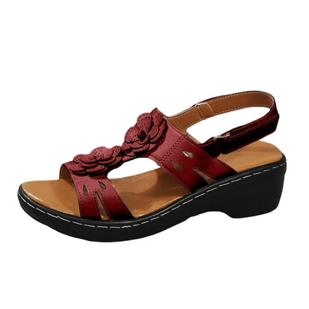 

MIASHUI Summer Sandals for Women 2024 Sandals Round Toe Flower Open Toe Retro Roman Wedge Sandals Red 7
