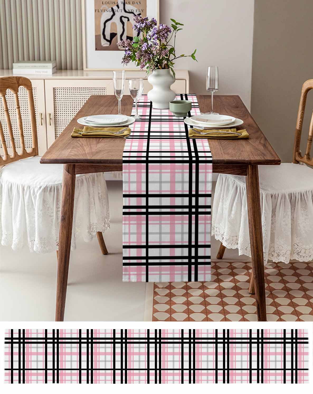 Ldtrchee Pink Black Plaid Table Runner 108 Inches, Farmhouse Pink Black Checkered Bed Runner Dresser Scarves Tabletop for Indoor Outdoor Parties/Ceremony/Banquet, 13"x 108"