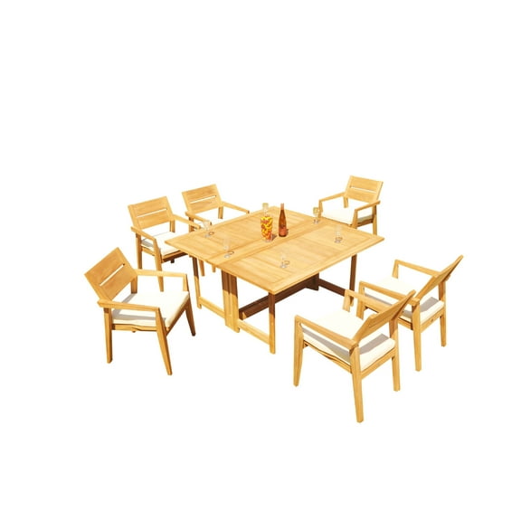 Grade-A Teak Dining Set: 6 Seater 7 Pc: 60" Square Rectangle Butterfly Table And 6 Vellore Stacking Arm Chairs Outdoor Patio WholesaleTeak #51VL1407