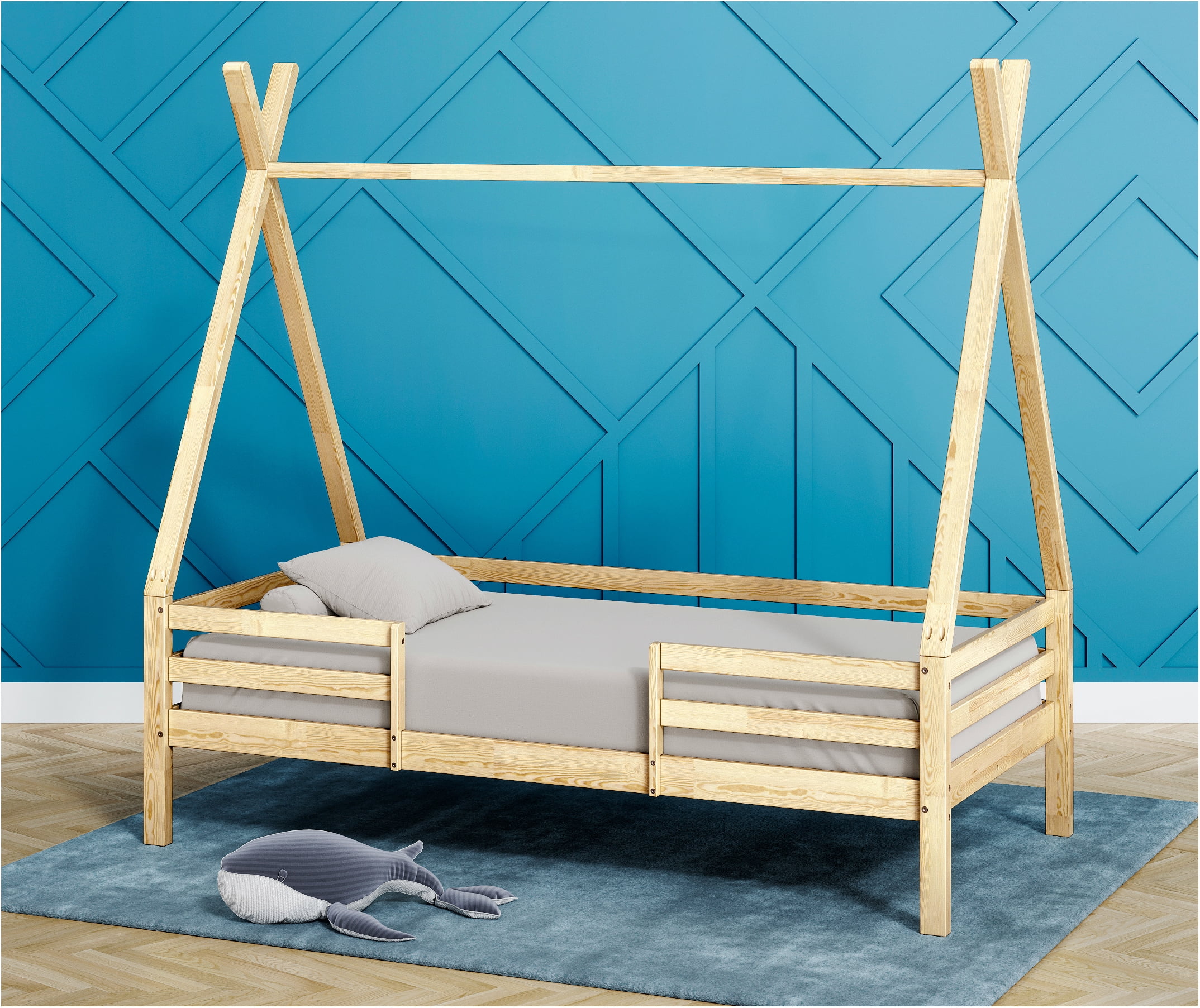 House Bed with Rails - All Solid Wood Teepee Bed for Kids - Toddler House Bed Frame with Rails and Legs - Roof and Fence - Twin Size - Natural Wood Color