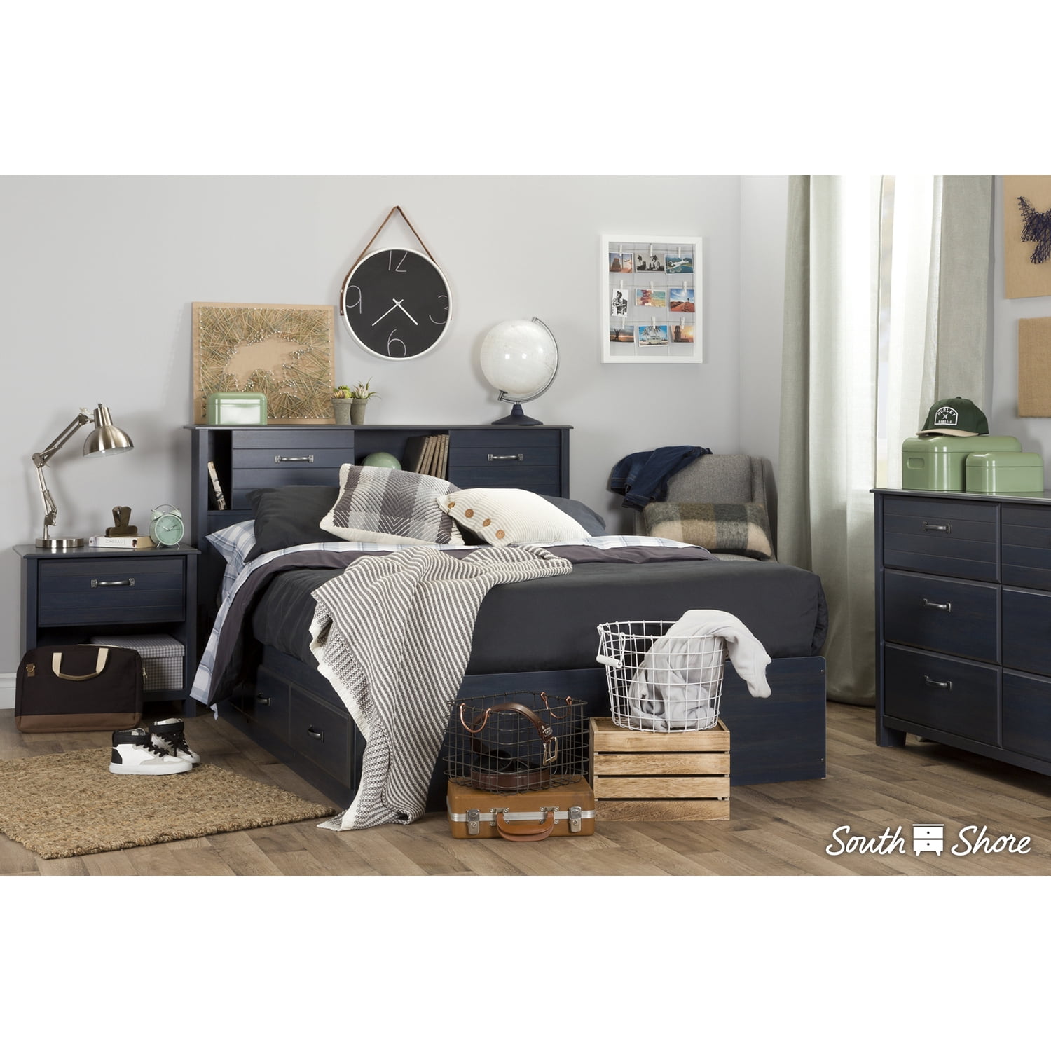HomeStock Old World Charm Bookcase Headboard - With Sliding Doors, Blueberry Finish, Storage and Legs, 58.25" W x 9.5" H, Perfect for Functional Bedrooms