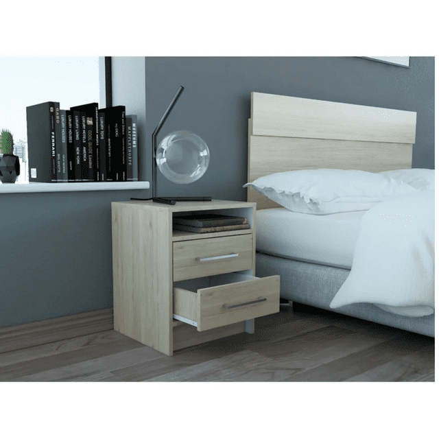 Mesa de Noche con 2 Cajones Organizadores para Recámara Color Rovere y Blanco | Excelsior