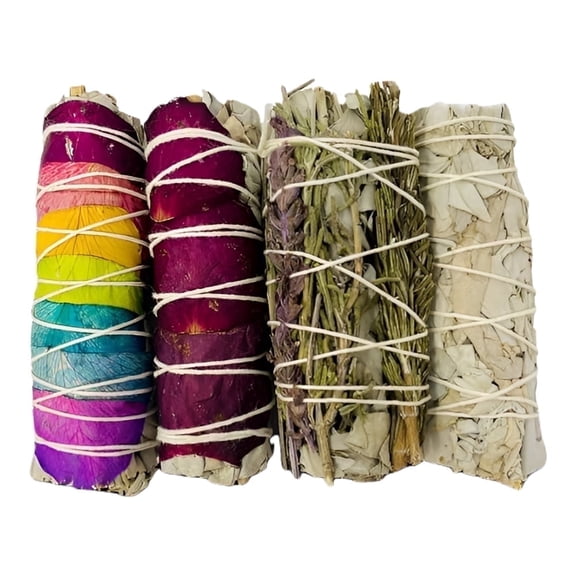 Bholi Sage Plus Smudge Kit – White Sage, Rosemary, Lavender, & Rose – Sacred Sage Bundle for Home Cleansing, Blessing & Energy Purification – Sustainably Sourced from California – 4 Count