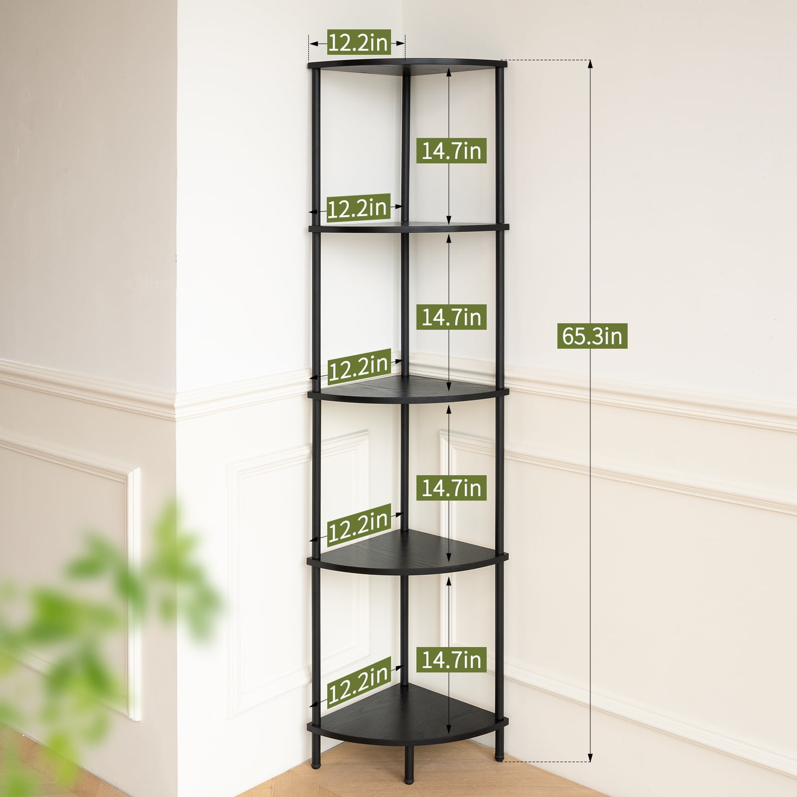 Yoobure Corner Shelf Stand, 5-Tier Corner Shelves, 65" Wall Corner Bookshelf, Display Shelf Tall Shelf Plant Stand for Bedroom, Bathroom, Living Room, Black