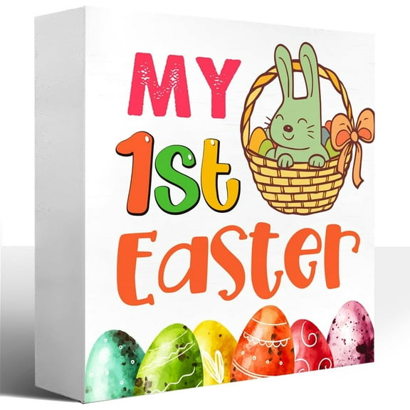Zomyto 7"x7" Easter Party Decoration,Easter Gifts for Baby,First Easter Baby Boy Gift,Expecting Mother Gift,My 1st Easter Wood Box Sign