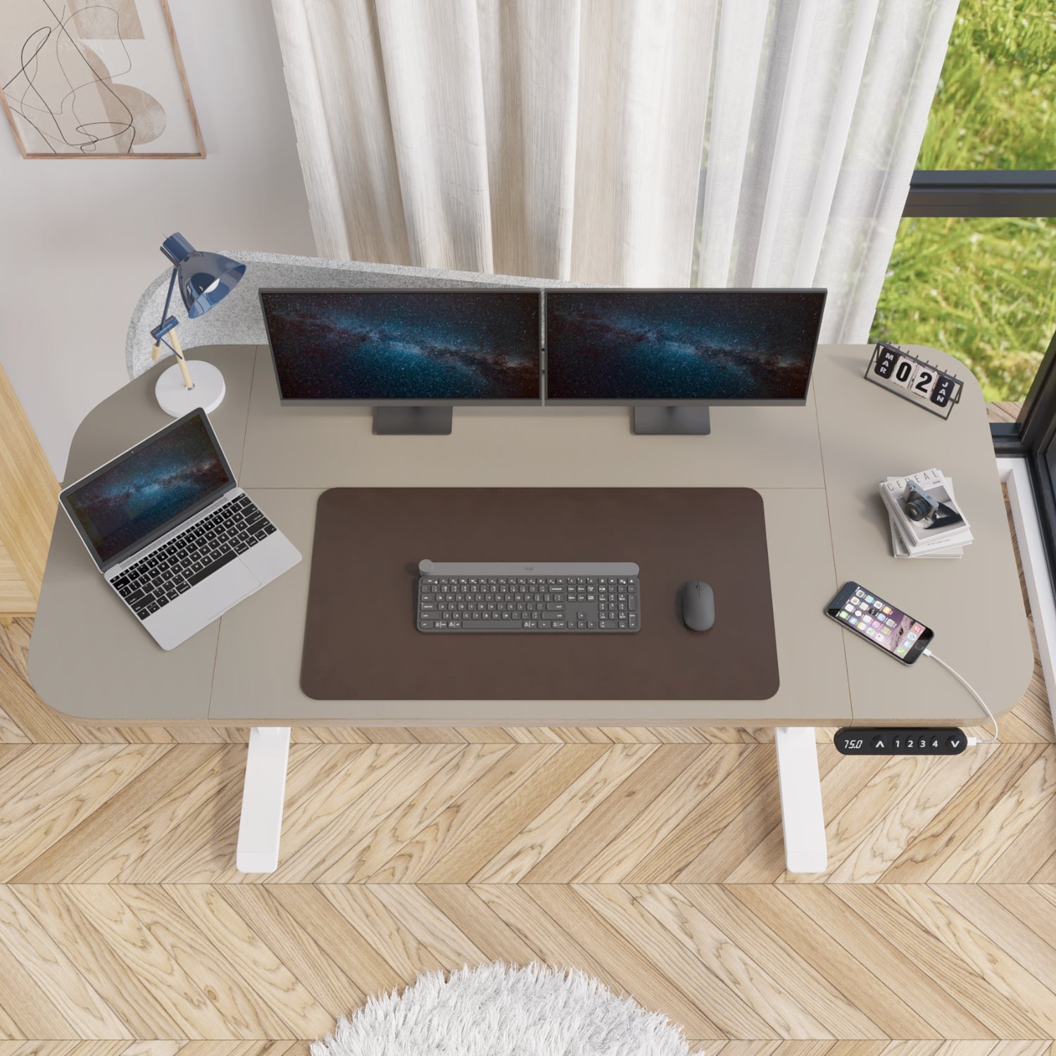 Aukfa 63" Electric Standing Desk, Height Adjustable Sit Stand Desk with Power Strip, Privacy Screen & Memory Controller,Kahaki