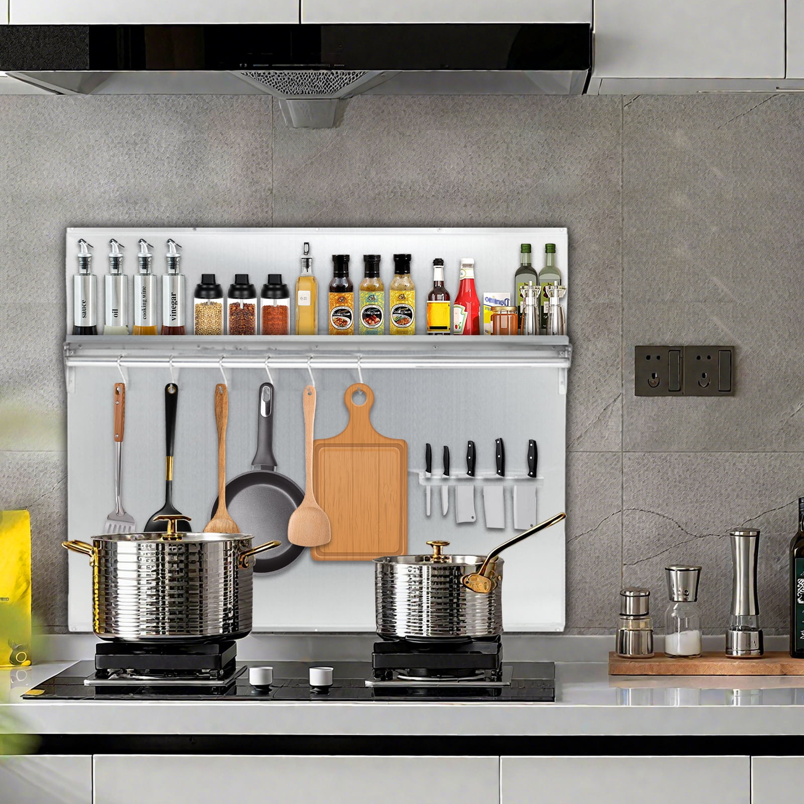 Accreate Stainless Steel Range Backsplash for Stove Hood - Wall Mount Kitchen Back Panel, Commercial Backsplash Shield with Storage Shelf & Knife Rack, Pre-Drilled Holes for Easy Installation