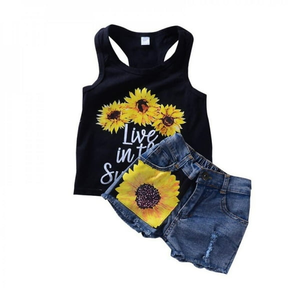Ensemble de 2 Pcs pour Tout-Petit, Enfant, Bébé Fille, T-Shirt Sans Manches à Motif Floral, Haut, Short en Jean en Denim Tournesol, Tenues 1-8T
