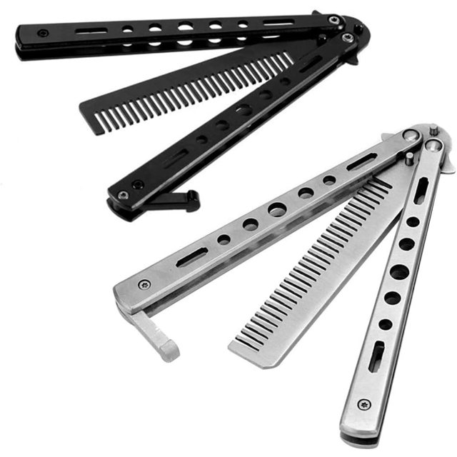 2 piezas de cuchillo de mariposa, peine de acero inoxidable, peine plegable, peine de entrenamiento, peine de cuchillo plegable, para entrenamiento principiante (plata, negro) JM