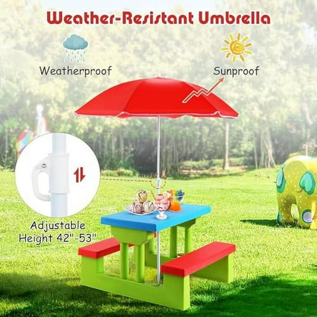 Kids Picnic Table, Toddler Picnic Table with Removable & Foldable Umbrella, Plastic Children Patio Furniture for Garden Backyard, Kids Outdoor Table, Red, Blue & Green