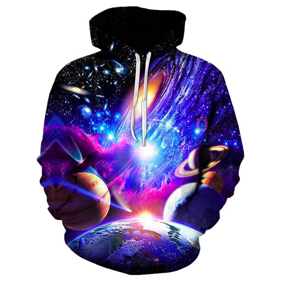 IROINNID Discount Hoodies for Men Leisure Galaxy 3D Digital Printing Pullover Long Sleeve Round Neck Blouse,Purple