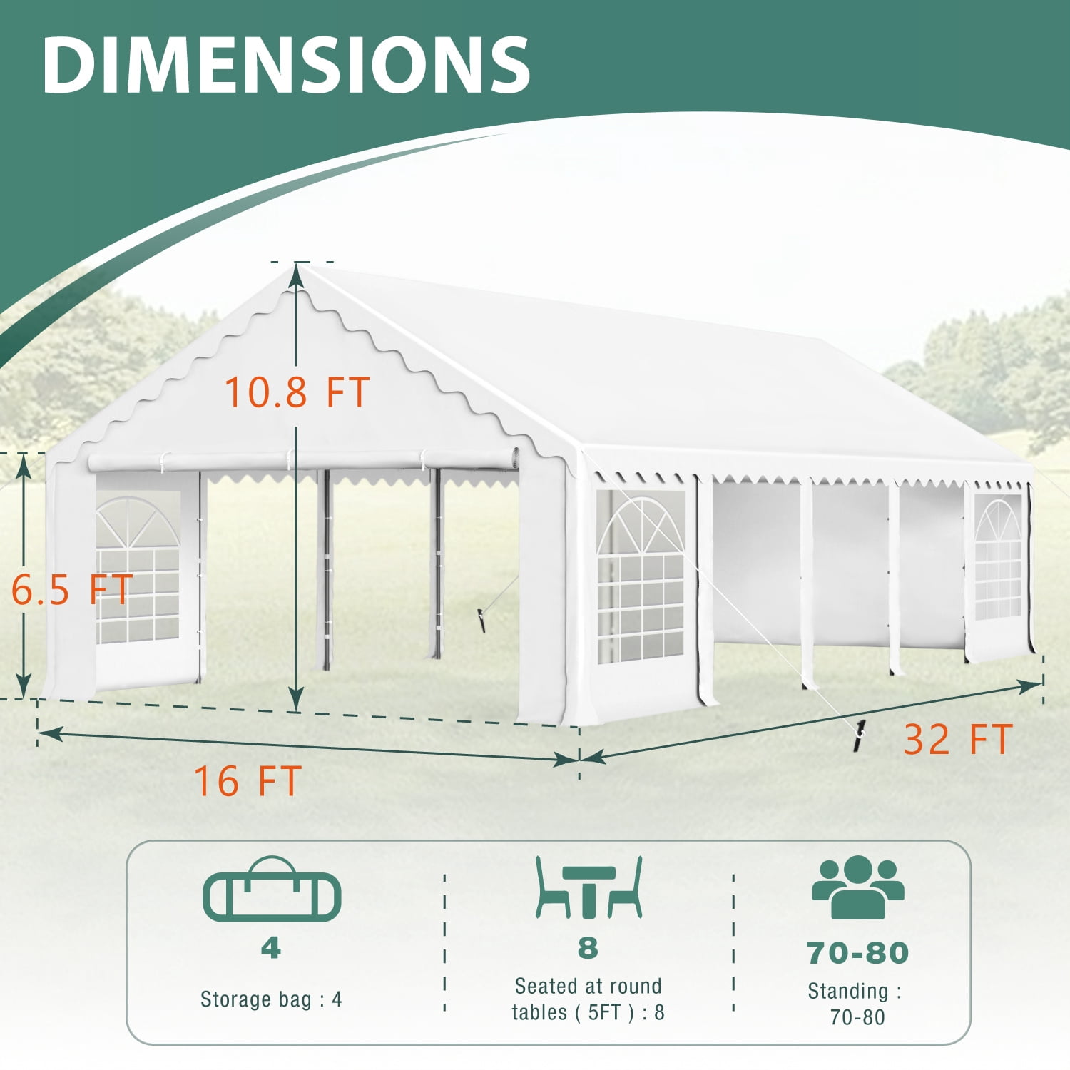 Summit Living 16’ x 32’ Party Tent with 10 Removable Sidewalls Outdoor Event Canopy Tents for Outside - White