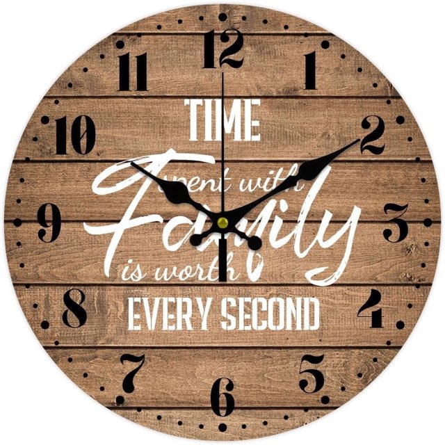 Reloj de pared de 12 pulgadas con texto en inglés "Time Spent with Family", reloj de pared vintage de madera, reloj de pared con frase de granja que funciona con pilas, reloj de pared redondo que