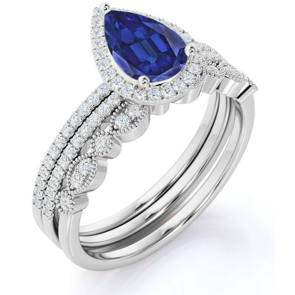 JeenMata 1.75 Carat Pear Shaped Antique Dark Lab Created Blue Sapphire Trio Ring Set in 18k White Gold over Silver