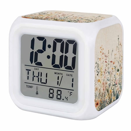 Vintage Botanical Digital Alarm Clock for Bedrooms,Smart LED Alarm Clock with 7 Color Night Light,Spring Floral Summer Botanical Rustic Silent Wake Up Clocks for Sleep Study Cooking 3.2x3.2