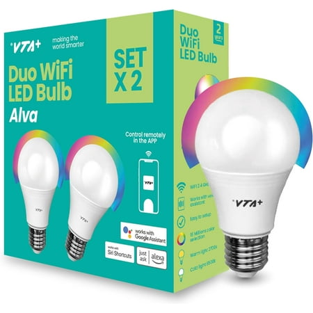 Smart Light LED Bulb Kit x2 E27 RGB - WiFi 2.4Ghz only, Alexa and Google Home Compatible, Adjustable Colors & Temperature, Easy Installation and Setup, 9W, 800 Lumens