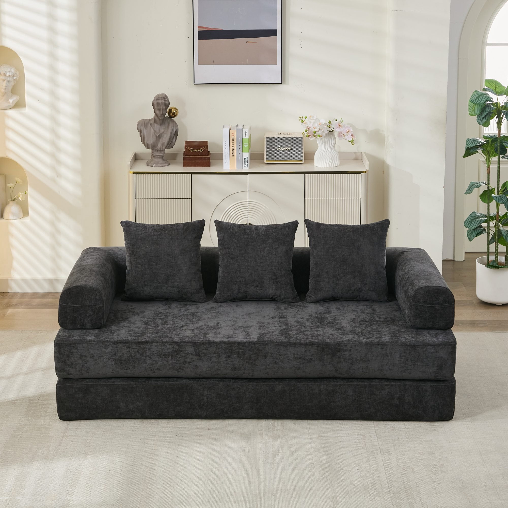 AISWORD 79" Convertible Folding Mattress Couch, 3-in-1 Floor Sofa Bed with Armrests & Pillows, Chenille Fabric Lounge Couch with Spring Pack Support, No Assembly Required