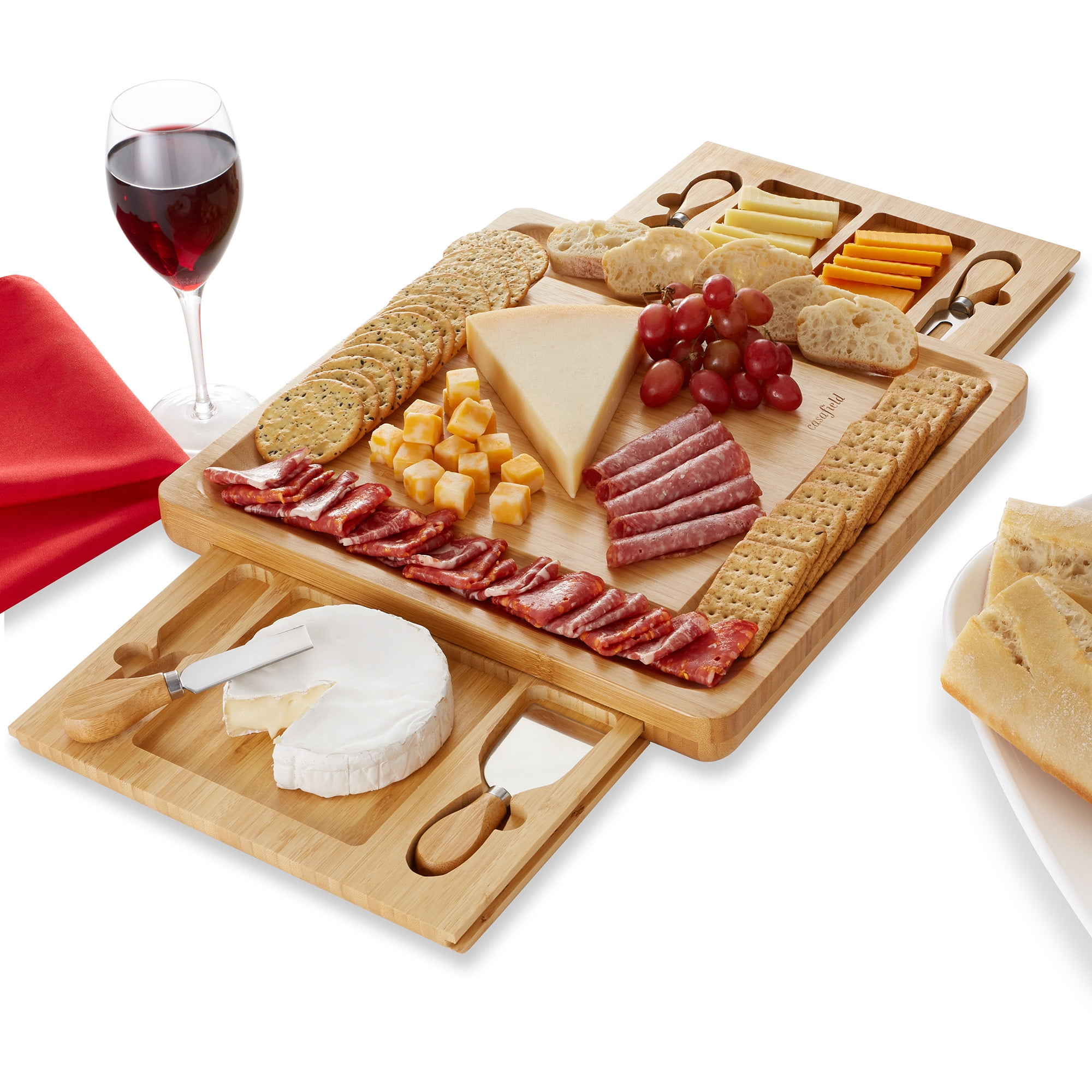 Casafield Organic Bamboo Cheese Board And Knife Gift Set - Charcuterie ...